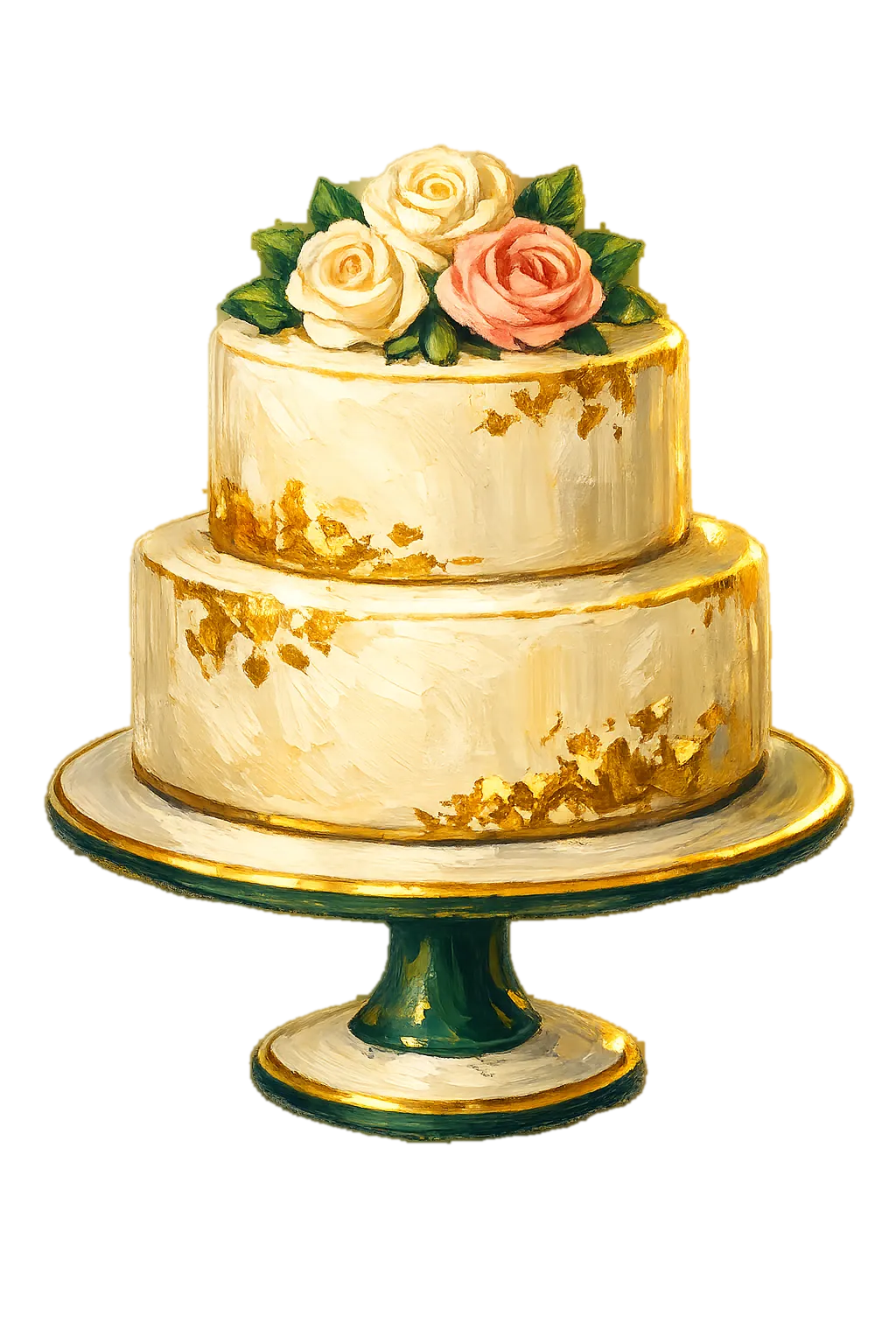 Gâteau de mariage à deux étages couronné de roses, sur un présentoir