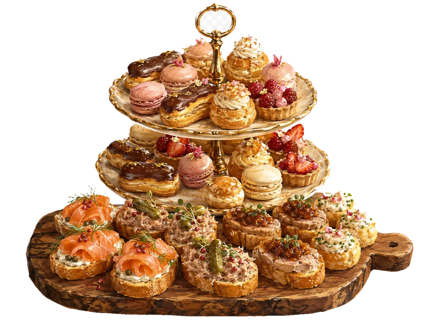 Buffet de canapés et mignardises sucrées et salées, dressé pour une réception