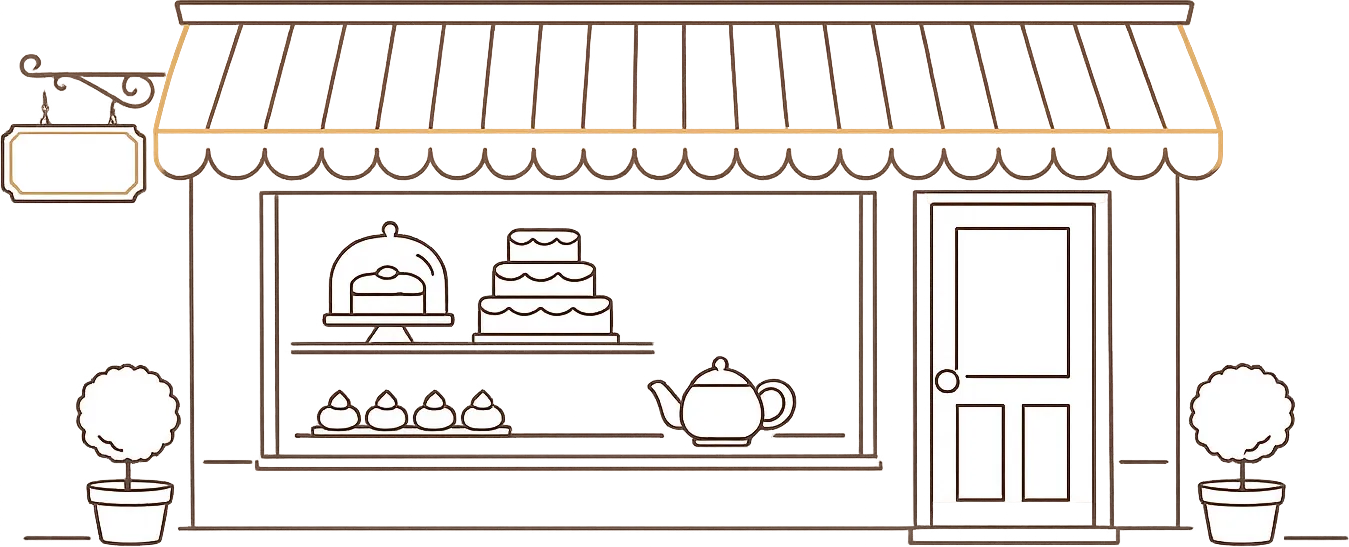 Dessin d'une devanture de pâtisserie : store festonné, vitrine garnie d'un gâteau sous cloche, d'une pièce à étages et de choux