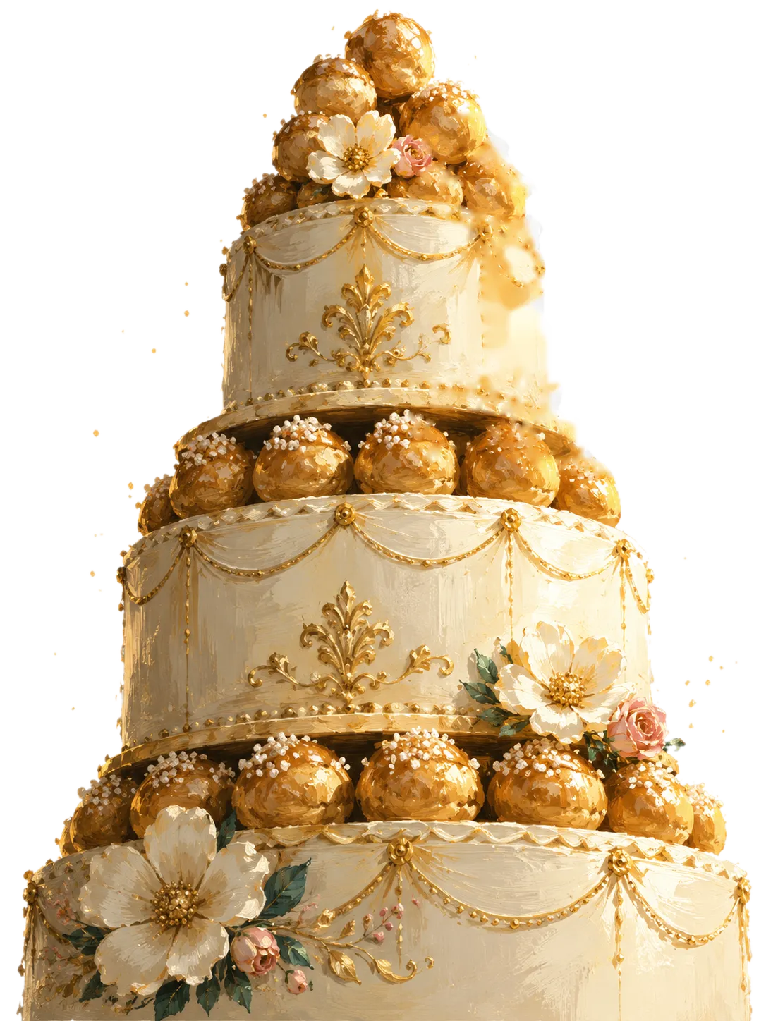 Pièce montée à trois étages, glaçage crème, choux dorés et fleurs, peinte à la gouache